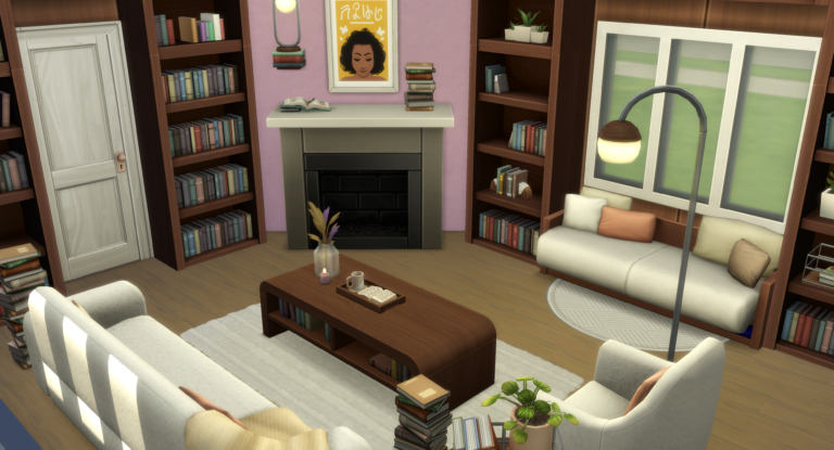 Cosy living room with fireplace and library.