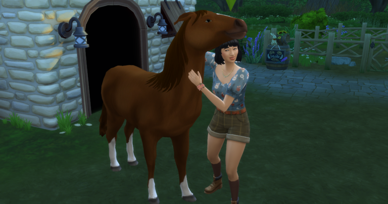 Simette caressant cheval dans Les Sims.