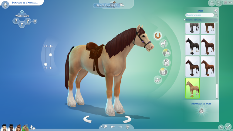 Interface du jeu Les Sims avec cheval virtuel.