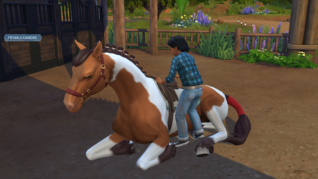 Enfant Sims qui monte sur le dos d'un cheval