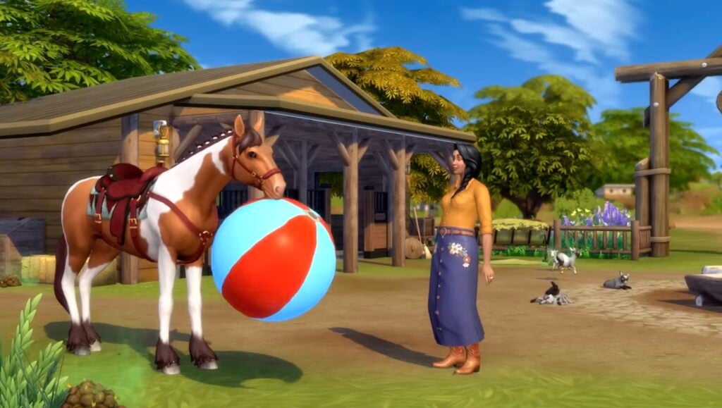Cheval qui joue avec une balle dans Les Sims 4 Vie au Ranch