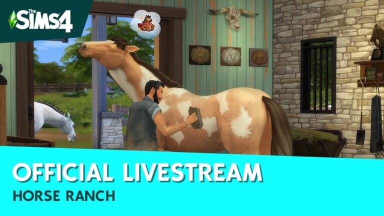 Sims 4 player brushing a horse on the ranch.