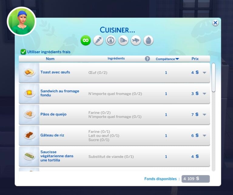 Interface des Sims montrant des recettes de cuisine.