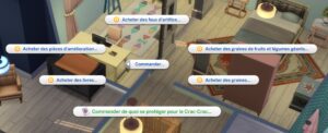 Interface Sims avec options d'achat.