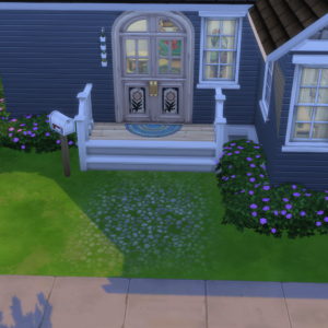 Entrée maison virtuelle, fleurs violettes, style graphique.