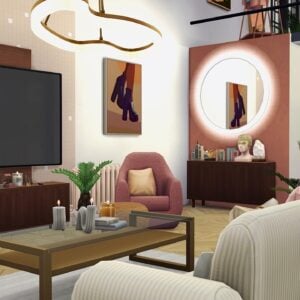 Elegante y moderno salón con televisión y decoración elegante.