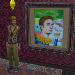 Sims à côté d'un portrait encadré.