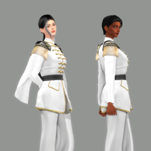Sims en uniformes militaires blancs, style virtuel.