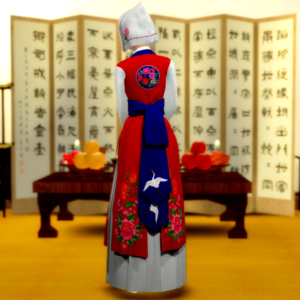 Simette en hanbok traditionnel coréen de dos.