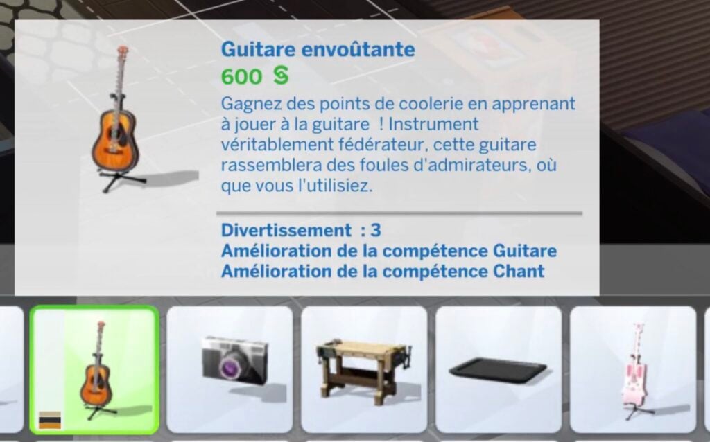 Interface du jeu Les Sims montrant une guitare .