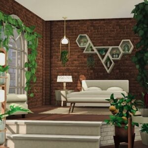 Salon moderne avec mur de briques et plantes vertes.