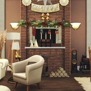 Acogedor salón con chimenea y decoración navideña.
