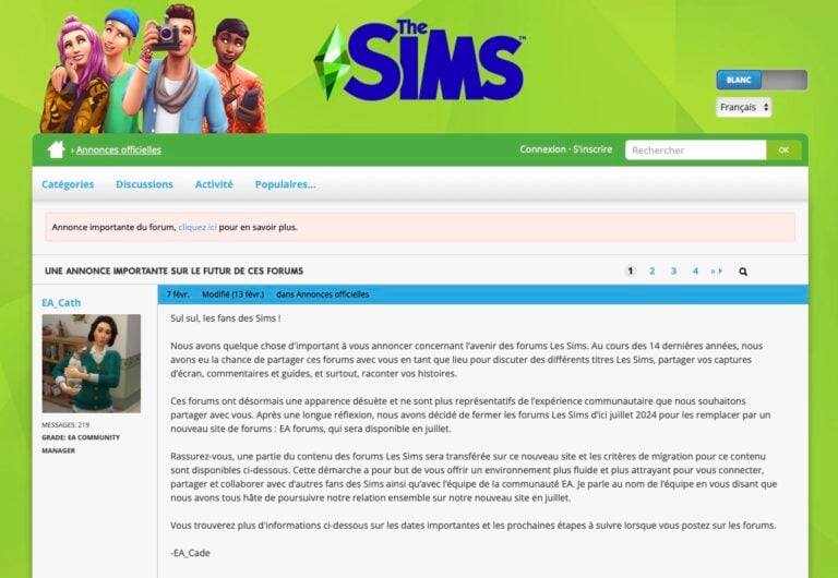 La pagina iniziale del forum di The Sims.