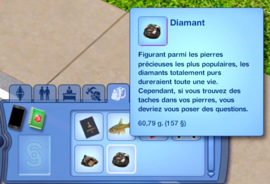 Diamant dans l'inventaire d'un Sims 3