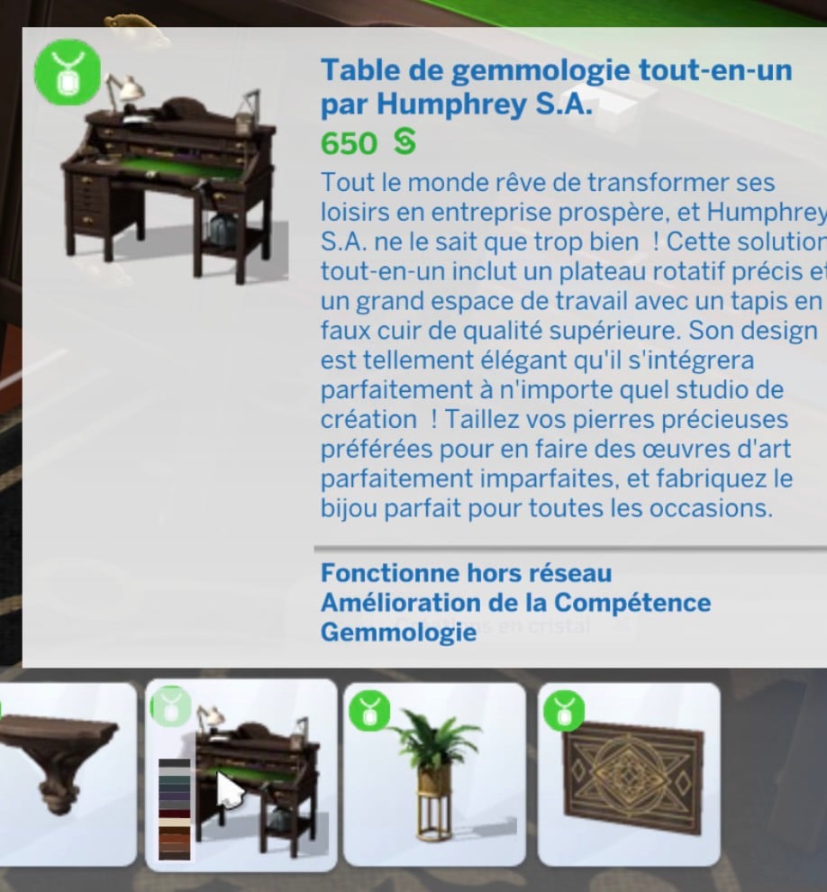 Description dans le Mode Achat de laTable de gemmologie des Sims 4 Créations de Cristal