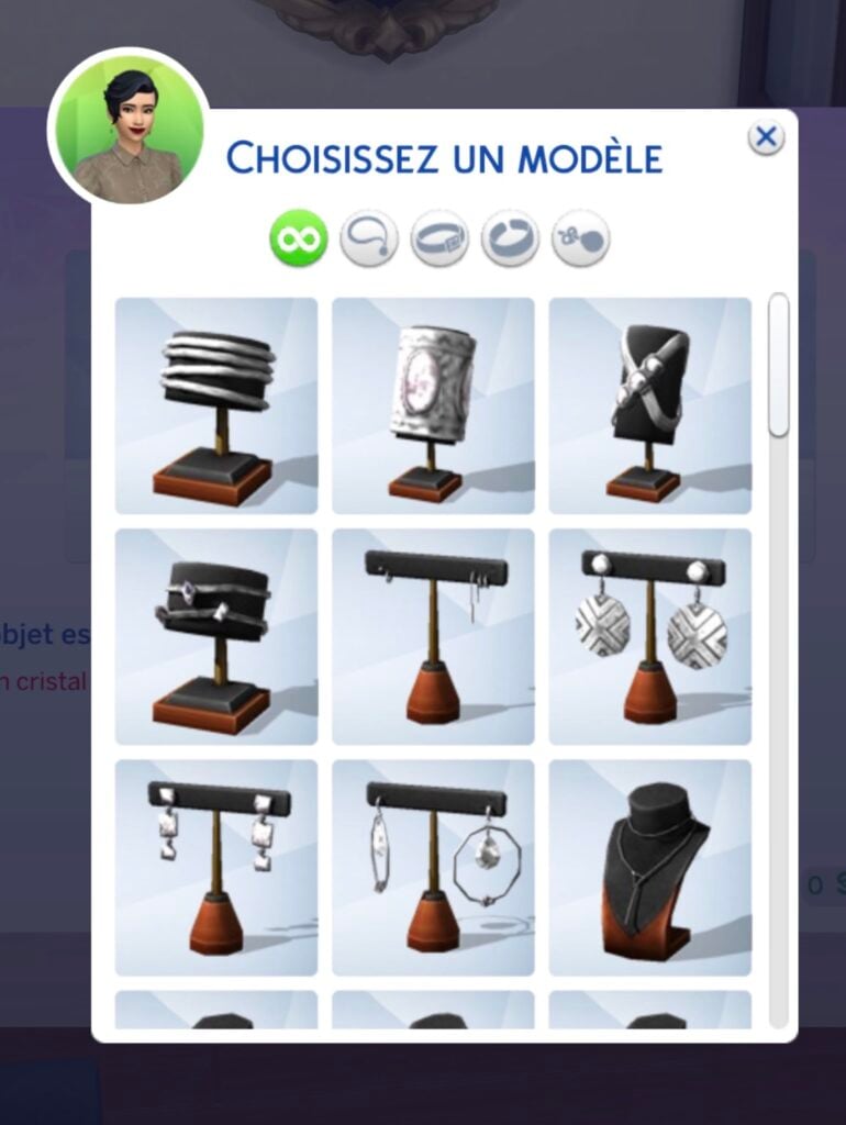 Choix modèle lors de la création d'un bijou dans Les Sims 4