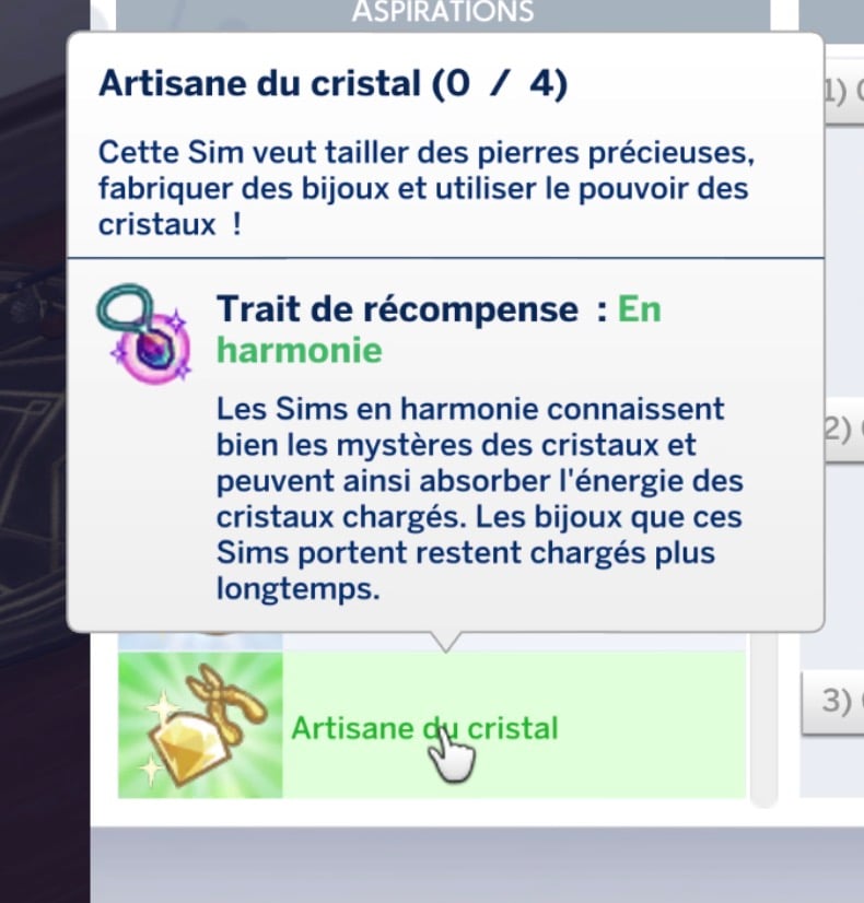 Aspiration Sims 4 Artisan du cristal et son trait de récompense En harmonie