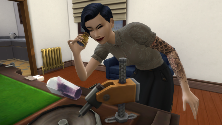 Sims looking at a microscope.