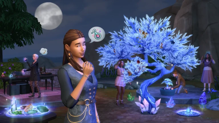 Play scene with characters and crystalline tree.