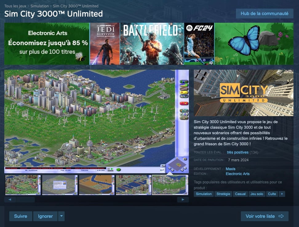 Page du jeu Simcity 3000 sur la boutique Steam