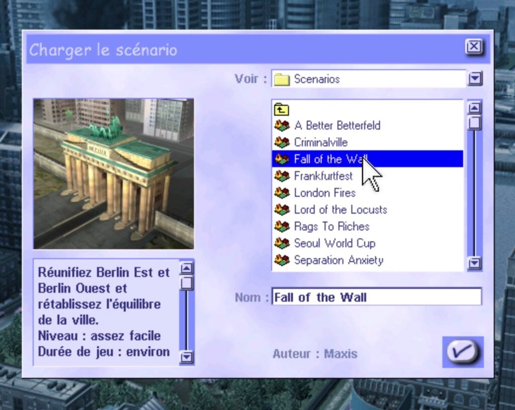 Choix du scénario Fall of the Wall dans le jeu Simcity 3000