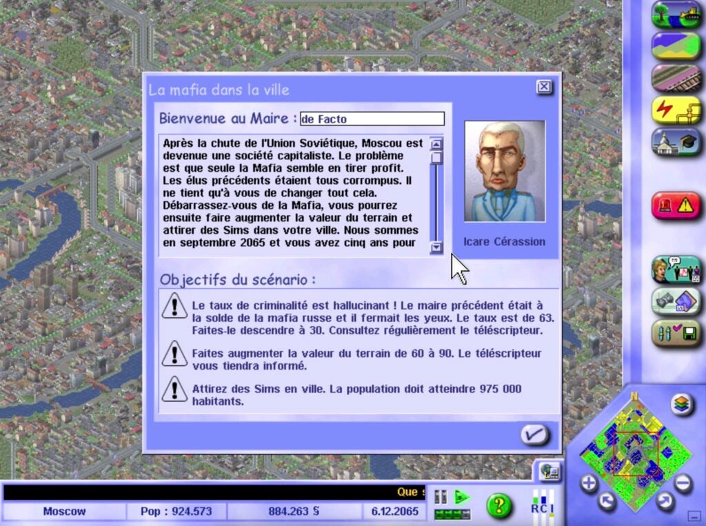 Ecran du scénario Mafia dans la ville de Simcity 3000