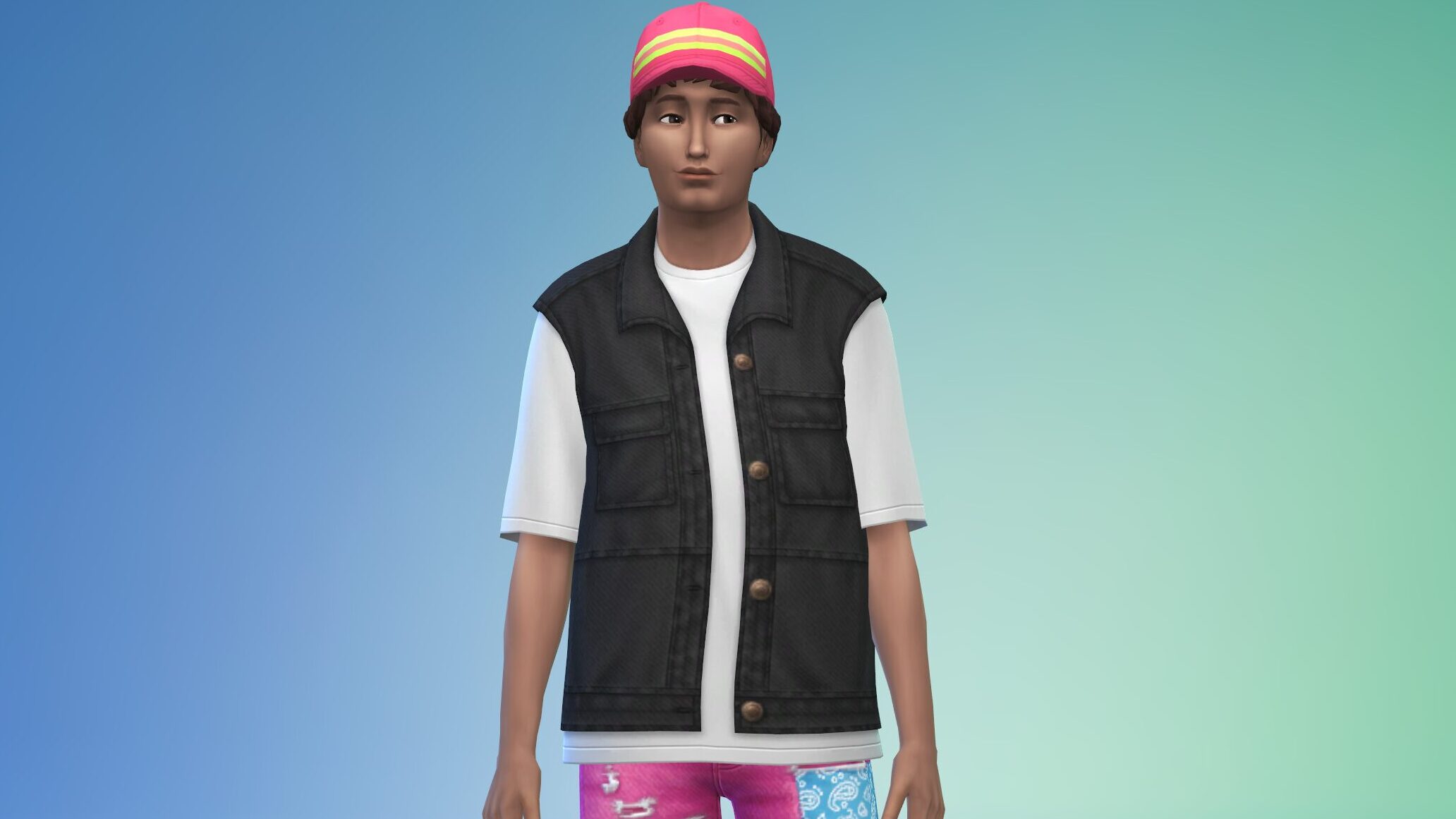 Sims stylé en gilet et bonnet.