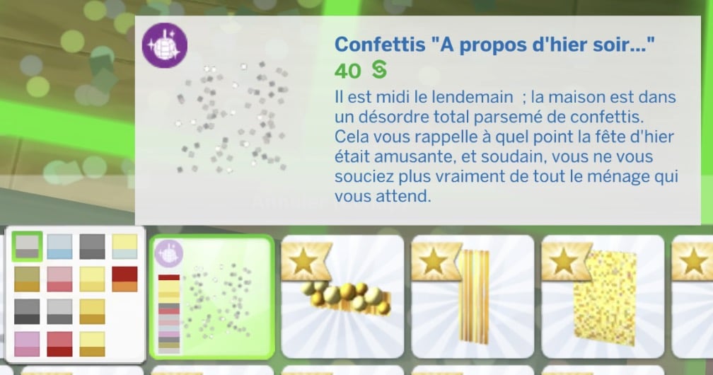 Interface du jeu Les Sims avec confettis et options de décoration.