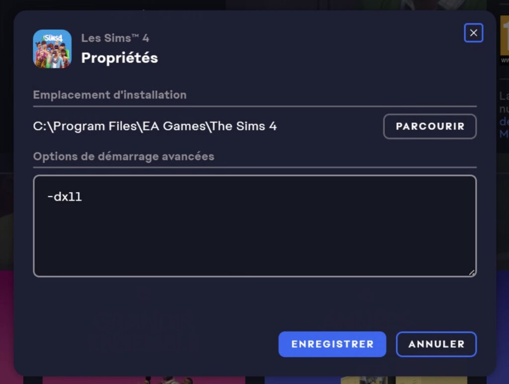 Activation du mode DirectX 11 pour Les Sims 4 dans les propriétés du jeu