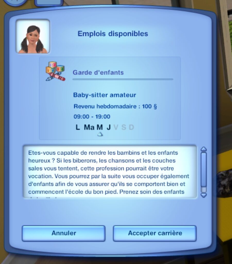 Sélection de la carrière Sims 3 de garde d'enfant