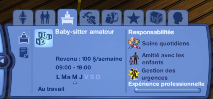 Ecran de progression dans la carrière de garde d'enfant Sims 3
