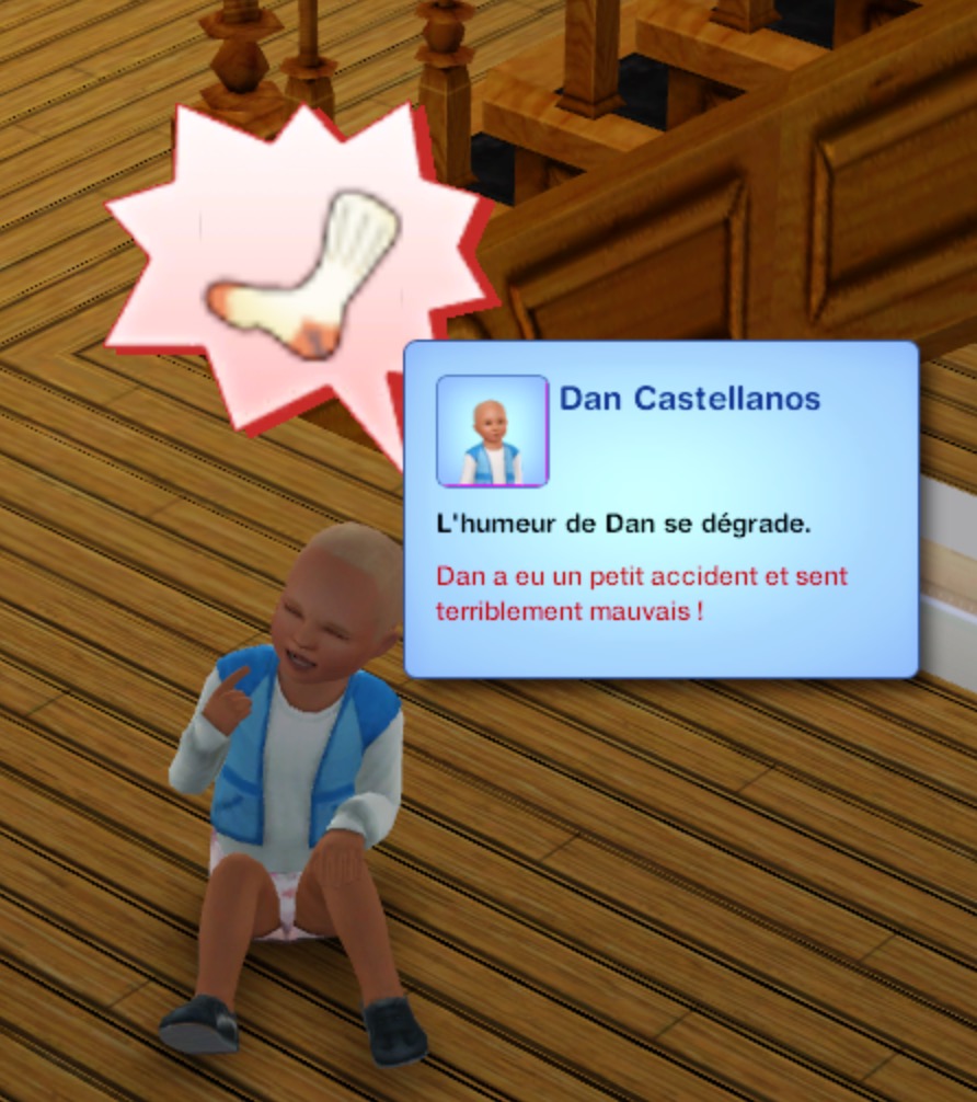 Fenêtre indiquant qu'un bébé Sims 3 a eu un accident