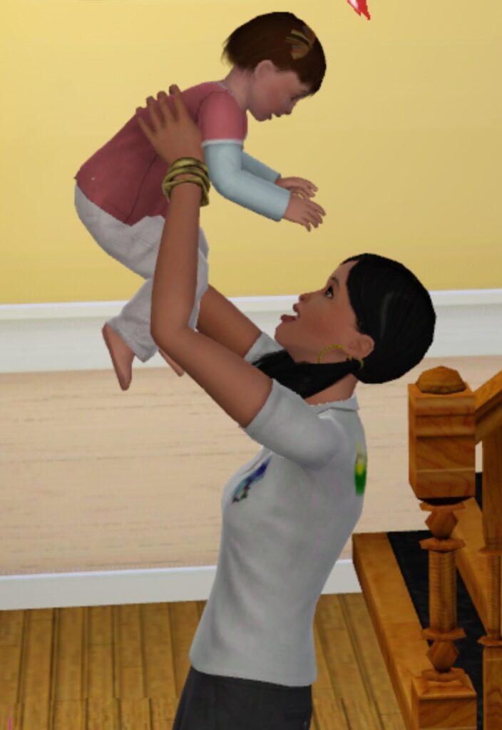 Garde d'enfant Sims 3 qui joue avec un bébé