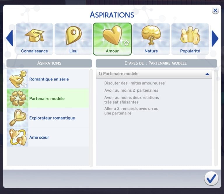 Menu aspirations dans Les Sims 4.