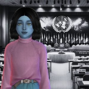 Sims bleu dans une salle de conférence ONU.