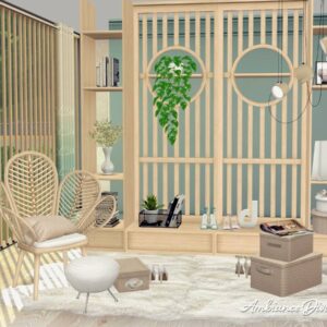 Salon moderne avec décoration bois et plantes.