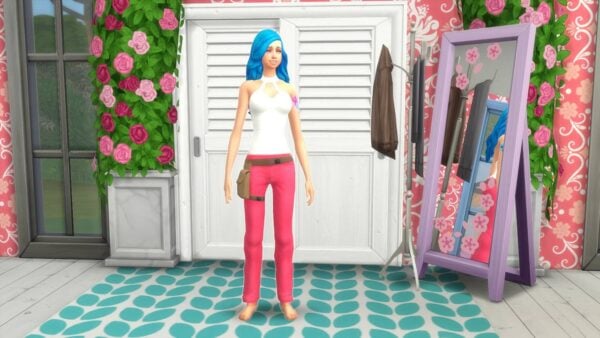 Sims fémininle devant armoire blanche fleurie