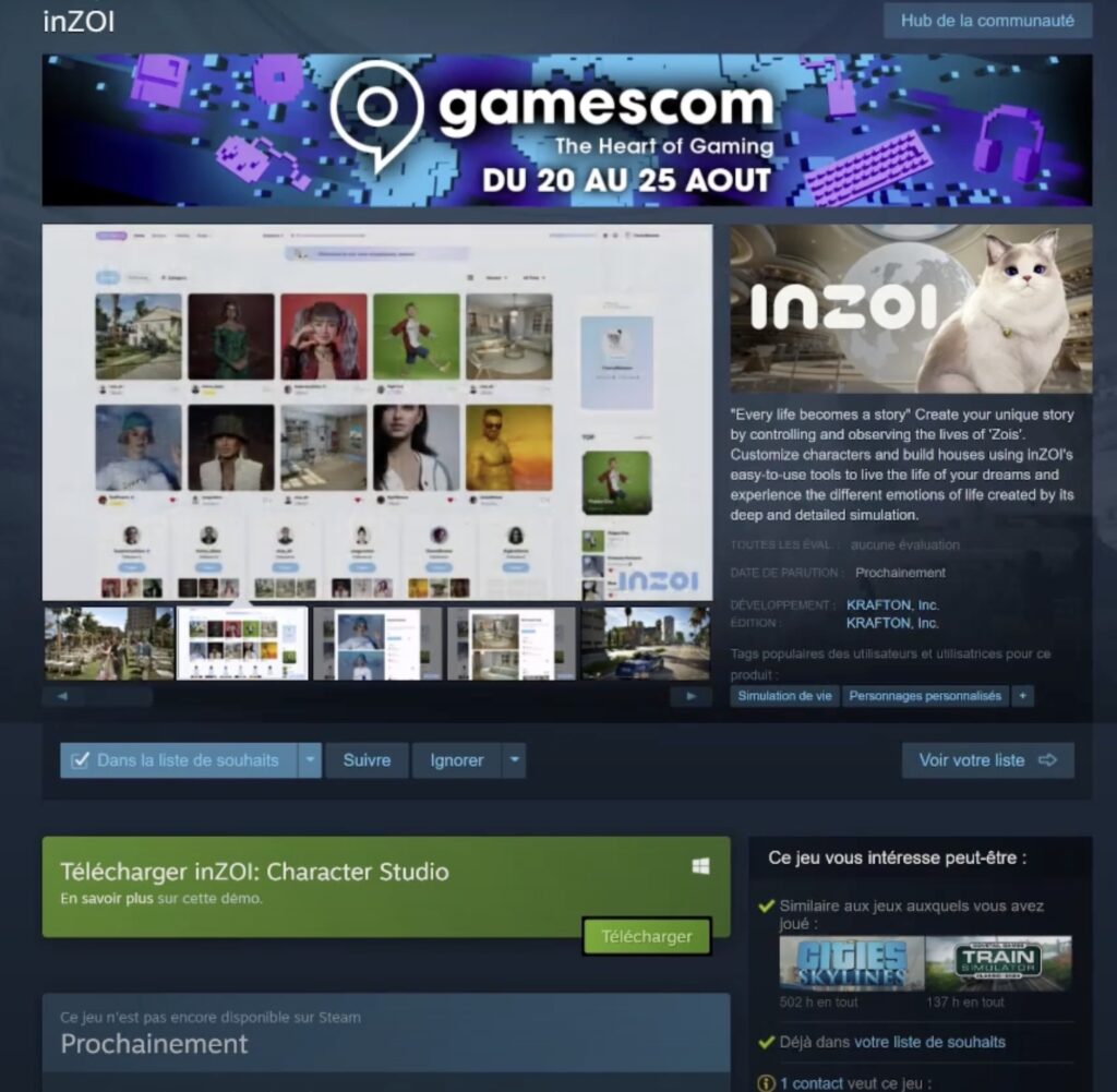 Page d';accueil inZOI sur Steam