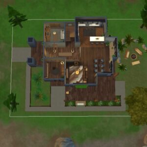 Plan d'étage de maison avec jardin.