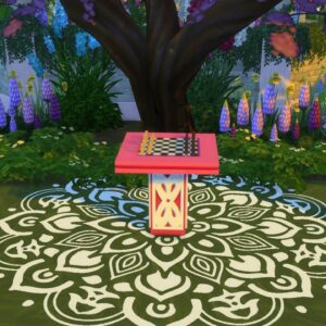 Table d'échecs dans un jardin fleuri.