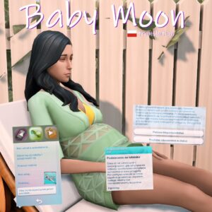 Simette enceinte assise, texte Baby Moon.
