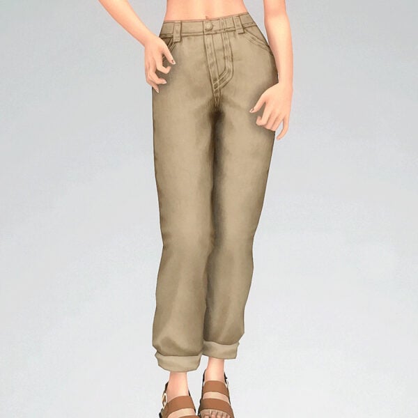 Pantalon beige ample avec sandales.