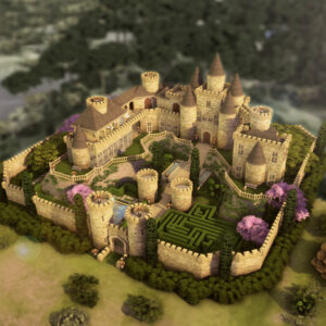 Château médiéval avec jardins et labyrinthe.