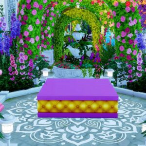 Jardin floral avec banc et fontaine.