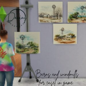 Tableau de granges et éoliennes dans un jeu.