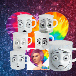 Tasses blanches avec des visages devant une image colorée.