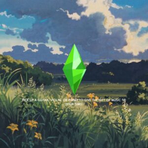 Fille regardant un paysage avec diamant vert Sims.