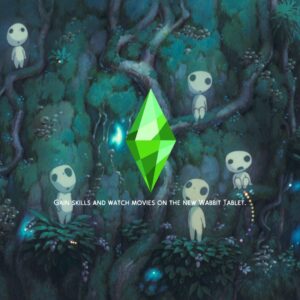 Sims spirituels et cristal vert brillant en forêt.