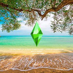 Plage avec cristal vert en suspension.
