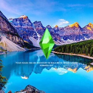 Paysage de montagne et lac avec un losange vert.